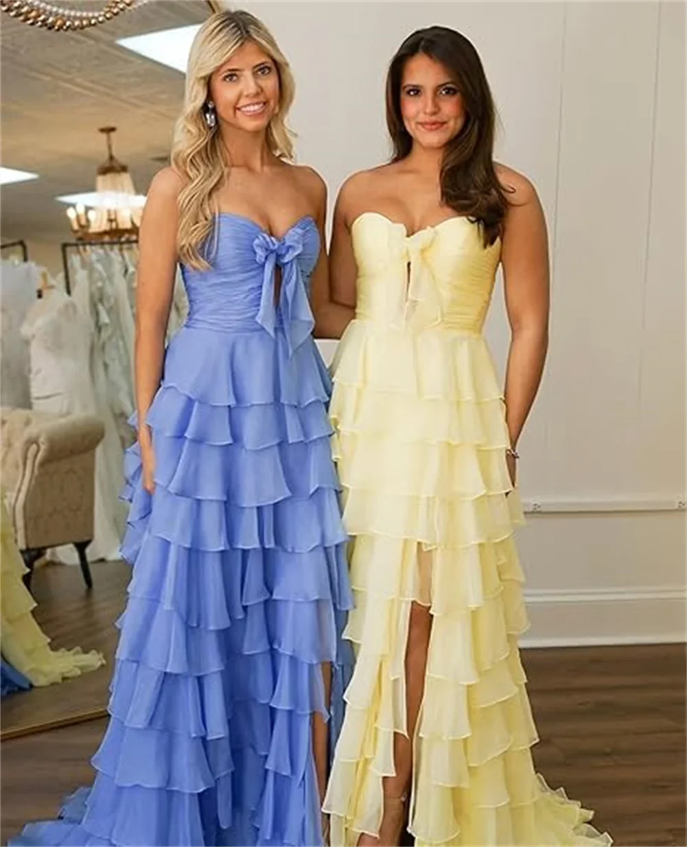 

Многоуровневое платье для выпускного вечера без бретелек с рюшами и бантом, длинные шифоновые вечерние платья, женские вечерние платья с разрезом, корсет сзади по индивидуальному заказу