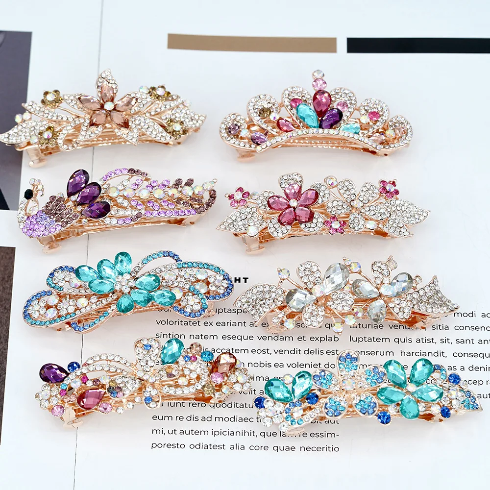 

Luxury Rhinestone Metal Spring Clamp Elegant Faux Crystal Bow Hair Clips Women Back Head Barrettes Hair Accessories Headwear