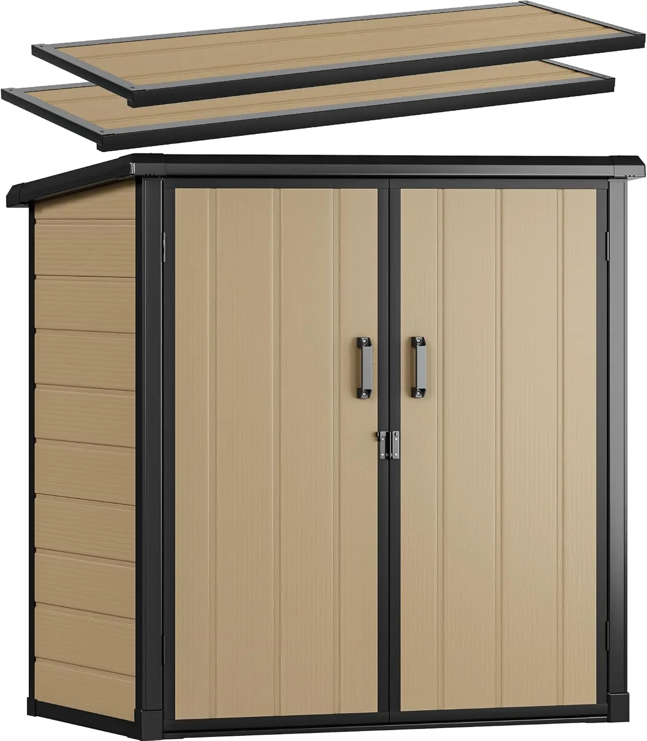 سقيفة تخزين خارجية 51 كفة مع رفين، سقيفة أدوات عمودية مقاومة للطقس مع أرضية وأبواب قابلة للقفل، جدار مزدوج قوي