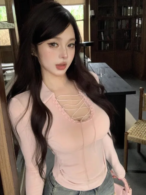 

Slim Fit Long Sleeve T-Shirt Diamond Embellished Belted Hollow out Design Fashionable Base Layer for Trendy Girls City Walk