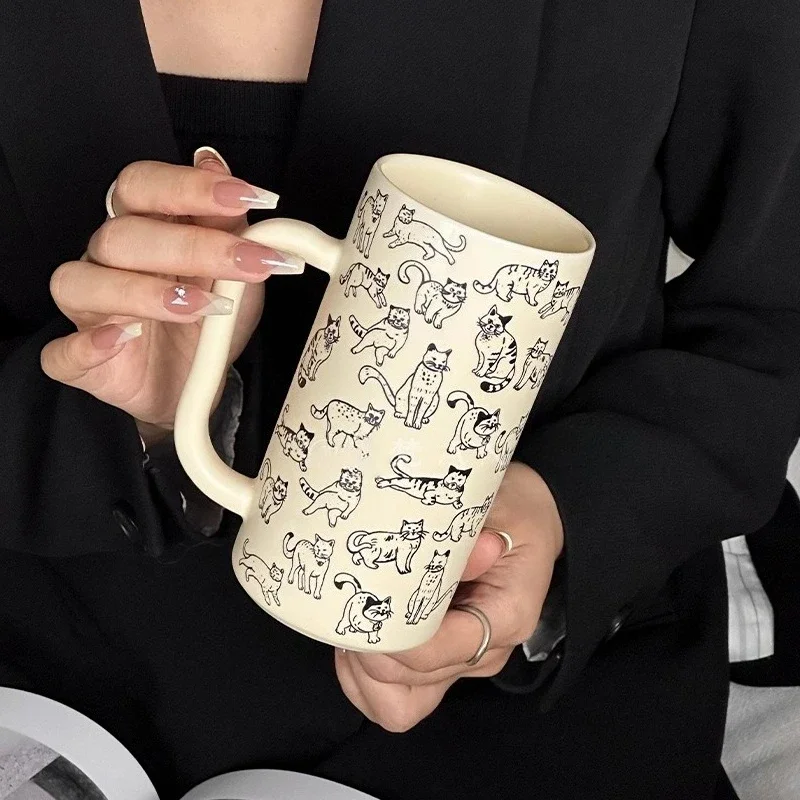 ‌Simple Line Drawing Cat Pattern Coffee Mug - Large Capacity Ceramic Cup Gift for Couples Office Use Cartoon Breakfast