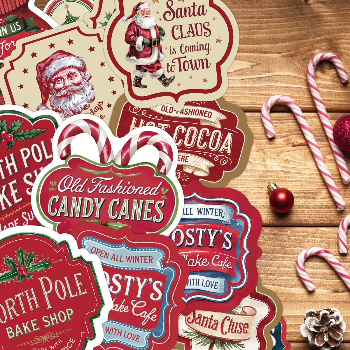 14 Stück Retro-Weihnachtsetikettenaufkleber – Schneeflocken-Back-Shop-Design, Dekor-Etiketten für Zuckerstangen, Goodie-Tasche, Party-DIY-Bastelbedarf