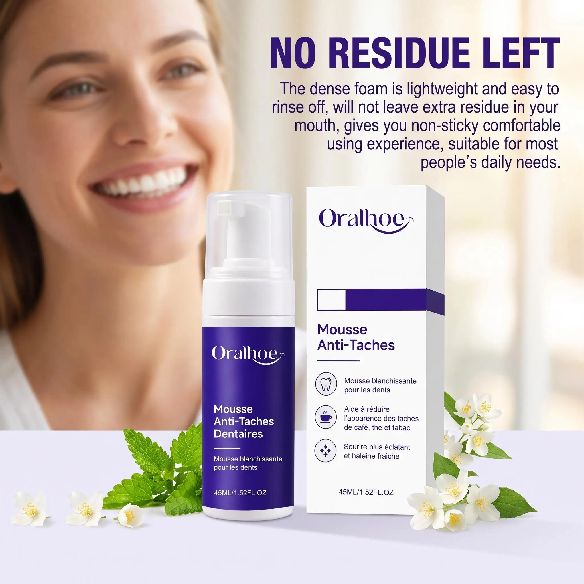 Oralhoe Purple Teeth Cleaning Mousse Whitening Foam Fresh Breath Effectively Remove Tooth Stains Color Correcting Oral Care