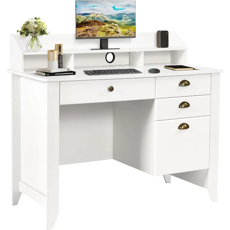 White Desk with 4 Drawers Storage, Computer Small Desk with File Drawer and Hutch, Kids Desk for Bedroom