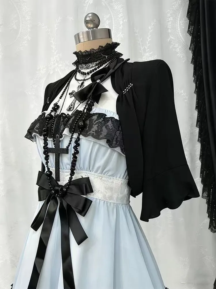 Gothic Punk Fashion Cute 2 Piece Set Women Lolita Bow Design Blue Dress + Black Cardigan Harajuku Vintage Casual Outfits Summer view 5