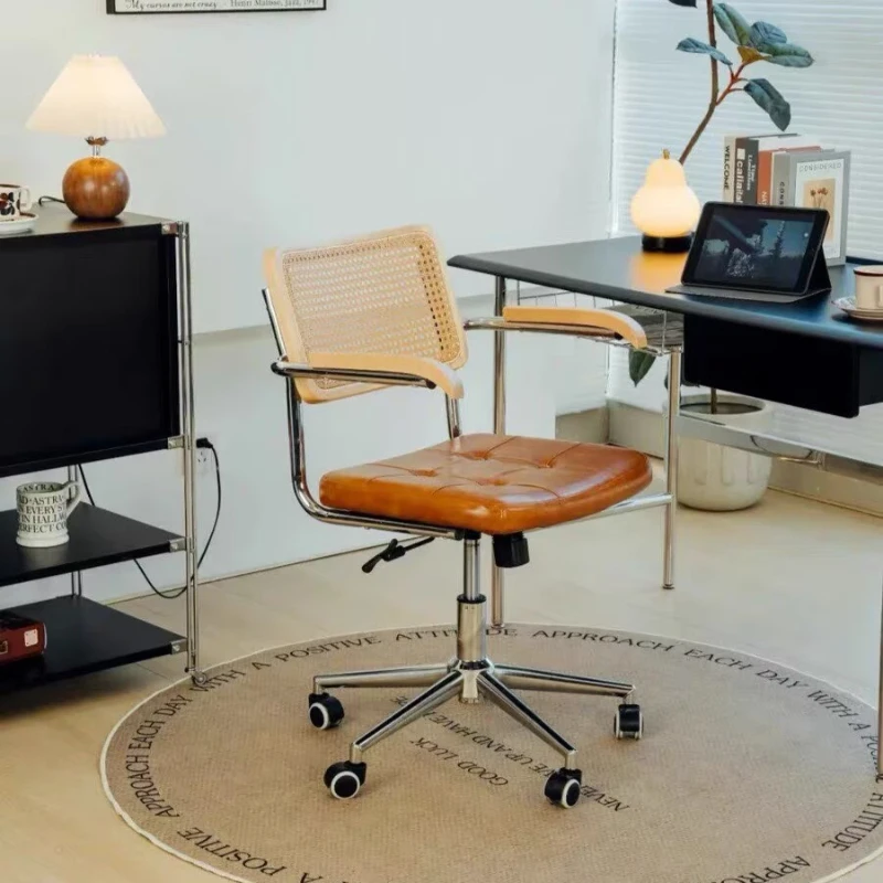 Retro Rattan Solid Wood Office Chair Internet Celebrity Rattan Leather Computer Chair Home Lift
