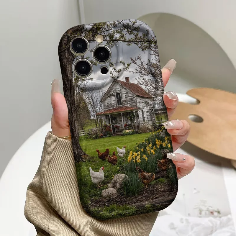 A curly wavy bezel white phone case, spring pastoral phone case with country   for iPhone 17/16e/16/15/14/13/12/11 series