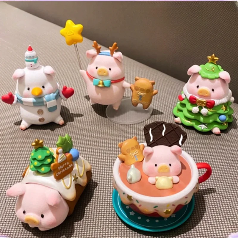 Figures Toy LULU Pig Christmas Town Surprise Lucky Cute Blind Box Canned Pig Snowman Hot Cocoa Tide Play Ornament Christmas Gift