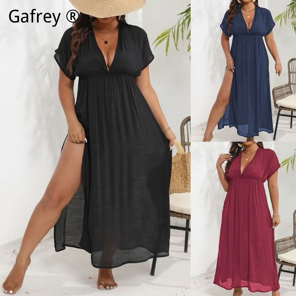 

2026 New Trendy Plus Size Beach Cover Up Dress Deep V-Neck Backless Side Slit Belted Maxi Long Vacation Bikini Dress for Women