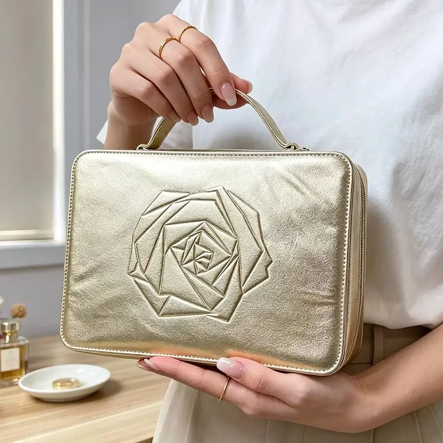 Lancome Metallic Gold Embossed Rose Cosmetic Bag Large Capacity Travel Makeup Storage Bag For Daily Outing Birthday Holiday Gift view 5