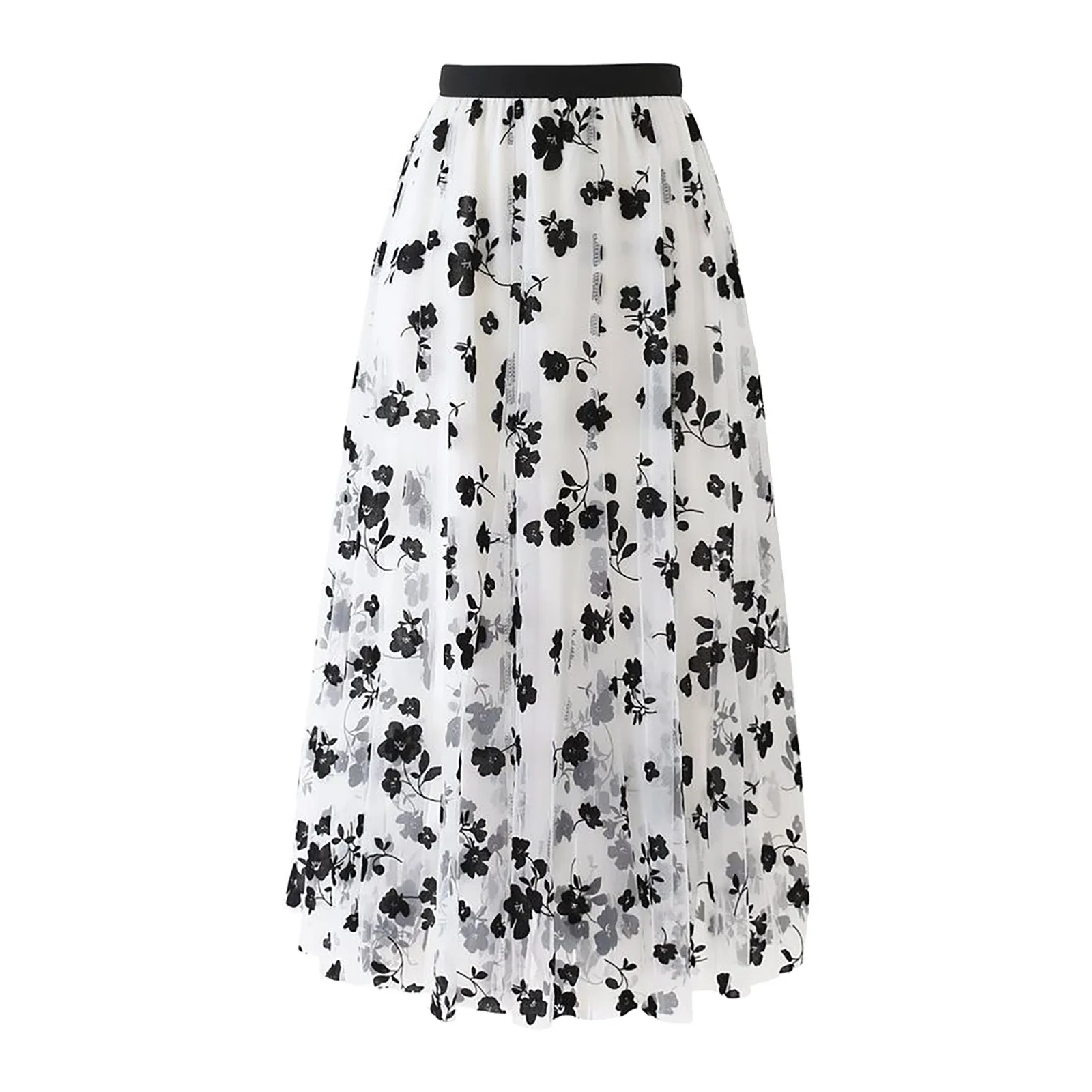 Women's Skirt Vintage Printed Long Skirt Women Summer Elastic High Wiast Mid-Calf Skirts Female Casual  A-Line Pleated Skirt