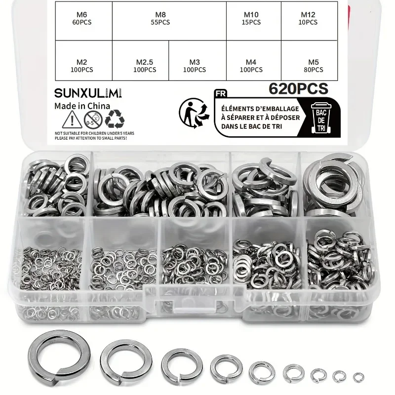 620pcs Stainless Steel Spring Lock Washers Assortment Kit M2/M2.5/M3/M4/M5/M6/M8/M10/M12 Locking Rings Snap Ring Fasteners Set