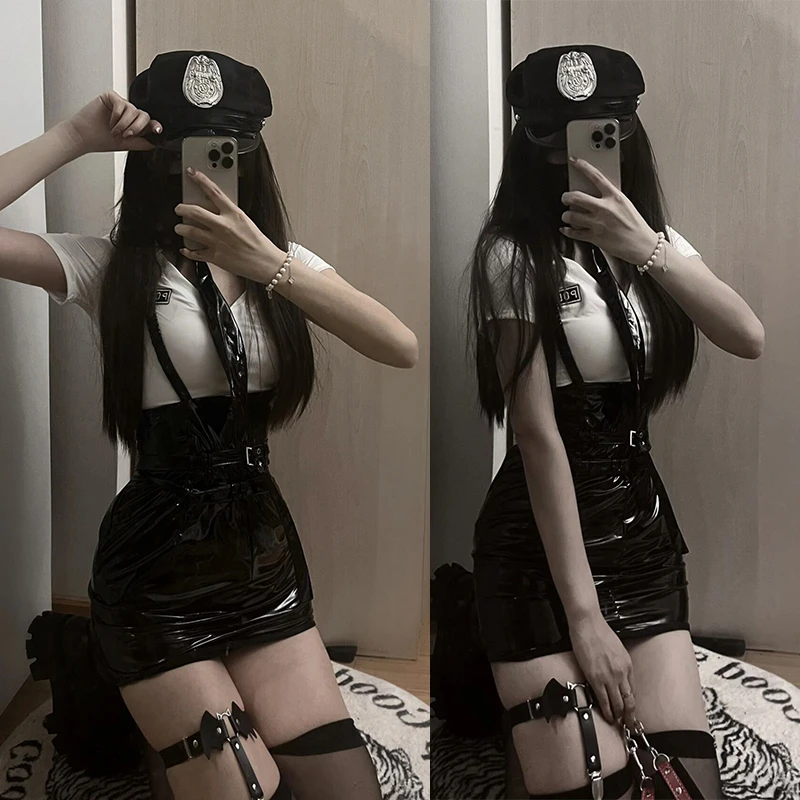 

Сексуальный учительский полицейский orm loween Костюм Женская облегающая юбка из искусственной кожи Air Steward Set Pure Desire