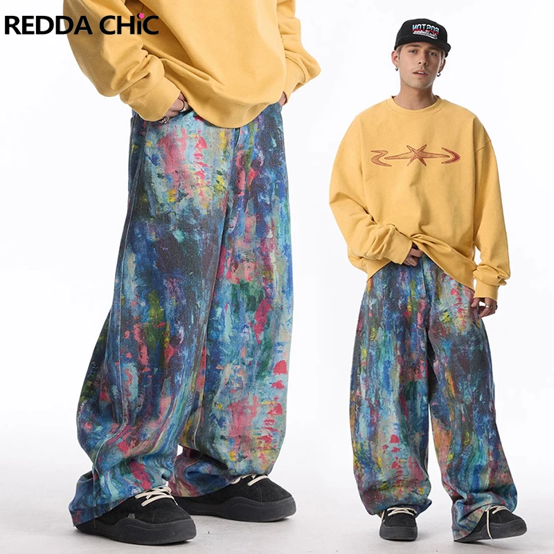 

REDDACHiC Painting Pattern Straight Jeans Hiphop Men Trousers Colorful Do Old Wide Leg Graffiti Denim Pants Retro Y2k Streetwear