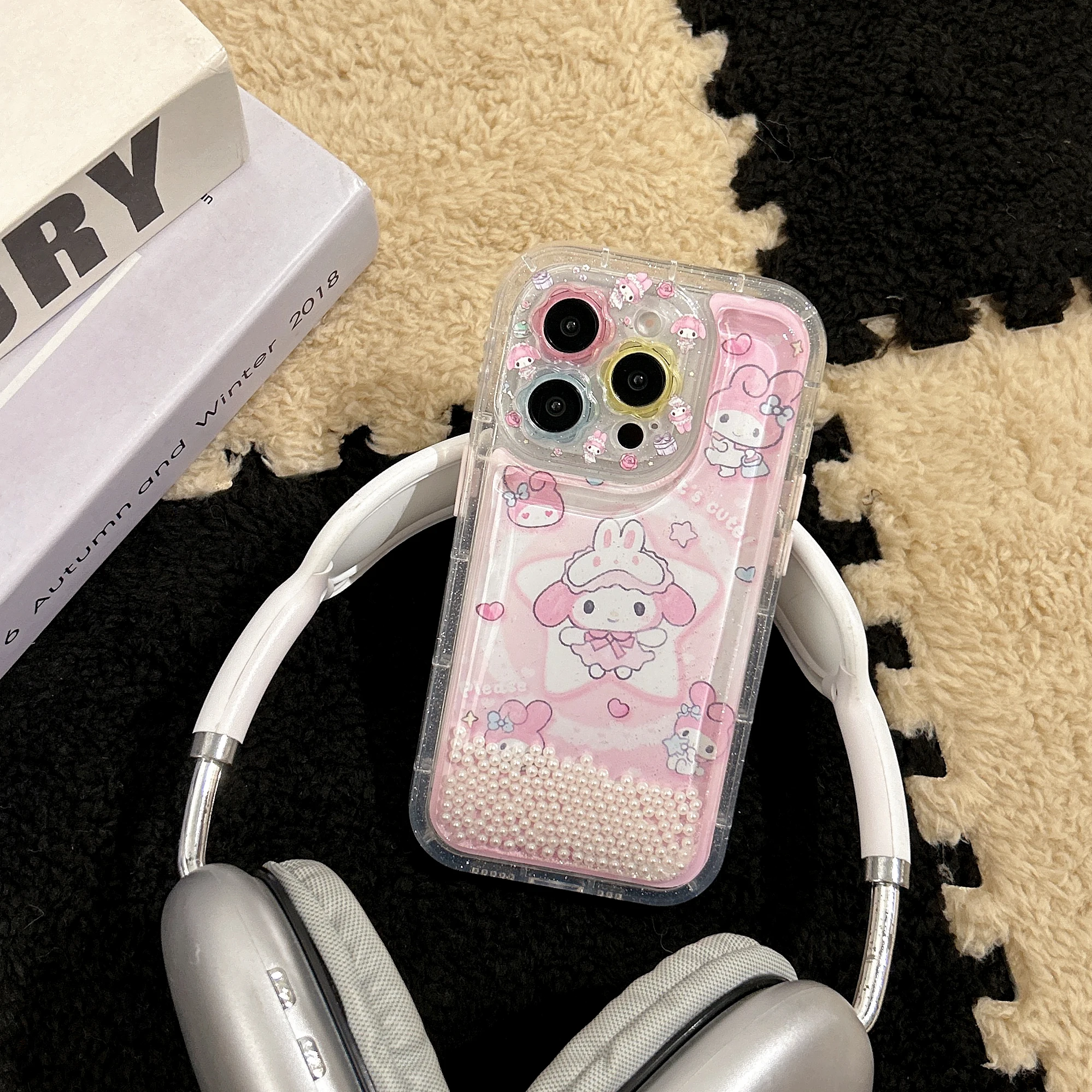 Girls' Favorite Flow Sand Edition Phone Case Cartoon Sanrio For Melody Pretty Pinkish For iPhone16 13 14 15 Pro Max Anti-Drop