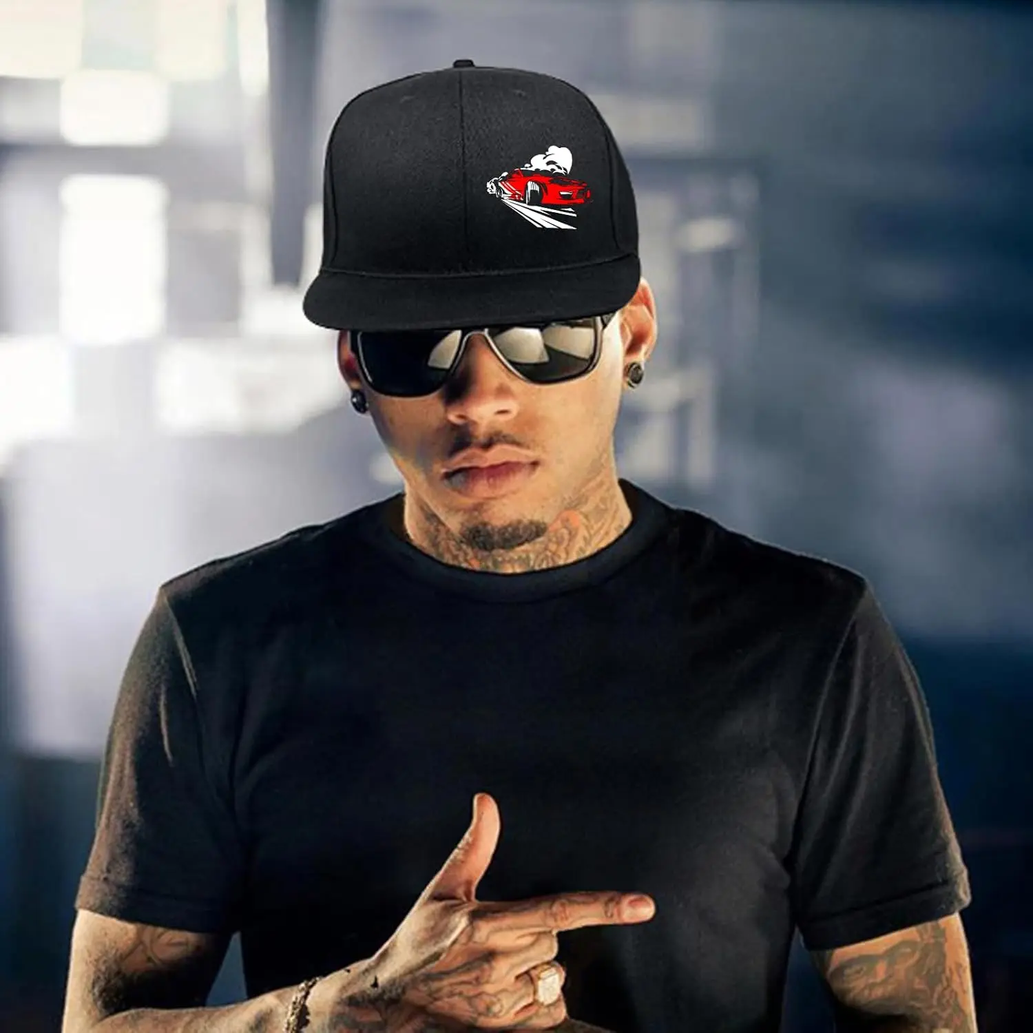 Race Car Hat for Men Snapback Hats Funny Flat Bill Cap for Boy Women Adjustable Snap Pack Baseball Cap Black
