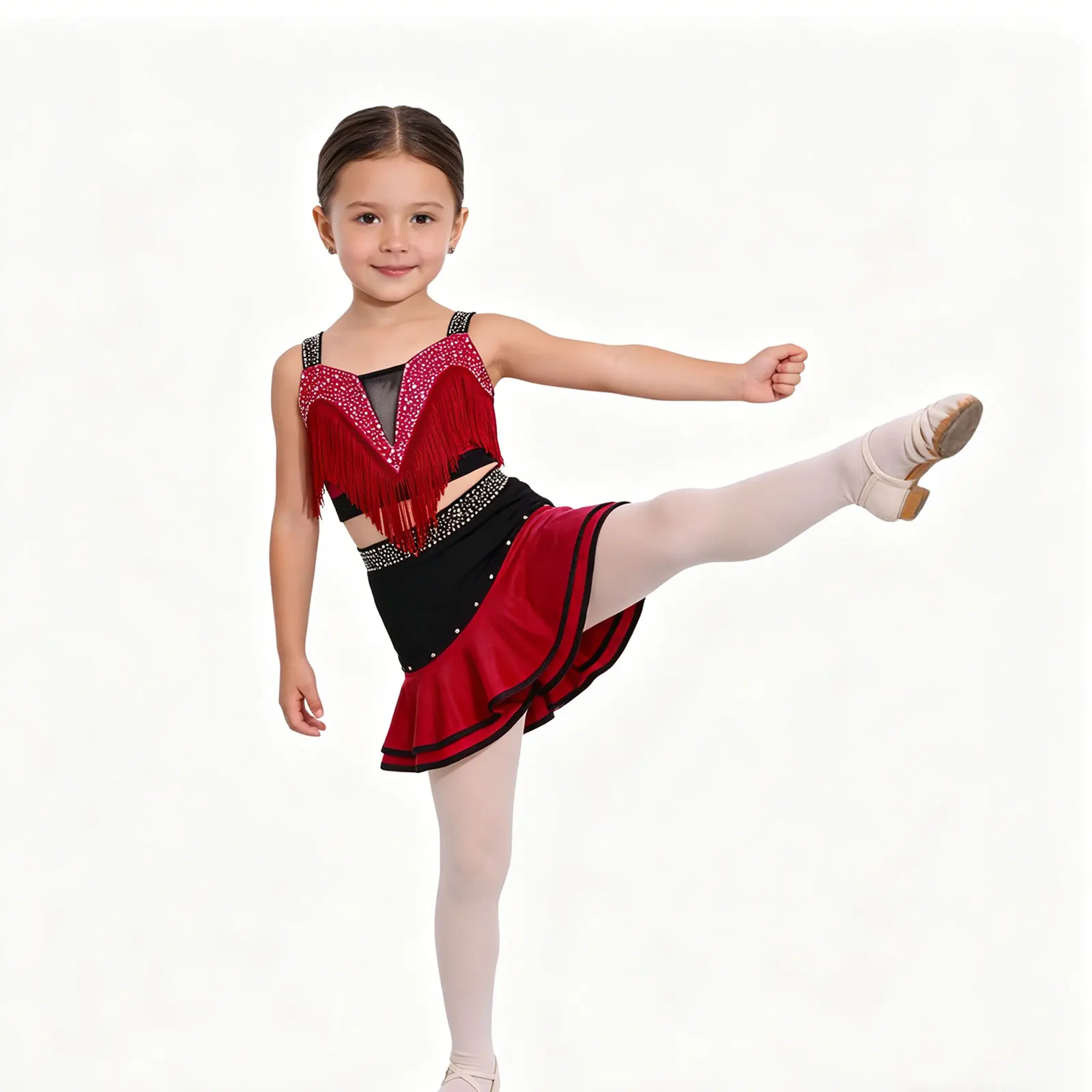 

Kids Girls Samba Latin Dance Costume Sleeveless Color Block Fringe Crop Top with Skirt Set Salsa Chacha Tango Performance Dress