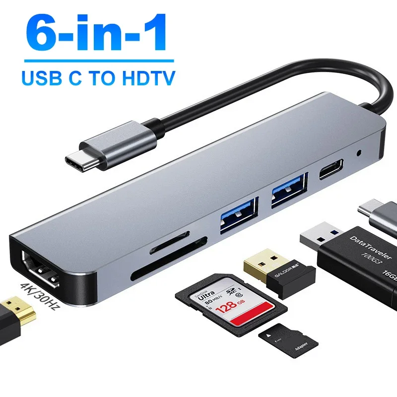 6 in 1 USB C Hubs Type C 3.0 Adapter to 4K HDMI SD TF Card PD Fast Charge Splitter USB Docking Stations Hub for MacBook Computer