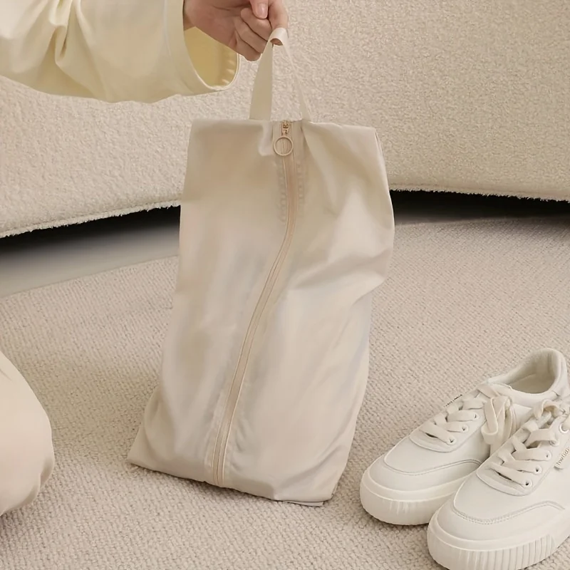 Beige Nylon Shoe Bag Drawstring Travel Duffle Sack Foldable Lightweight Gym Carry Pouch for Home Organization
