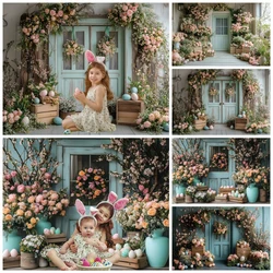 Spring Easter Backdrop Flowers Wood Door Eggs Happy Easter Photography Background Kids Portrait Birthday Party Decor Photo Props