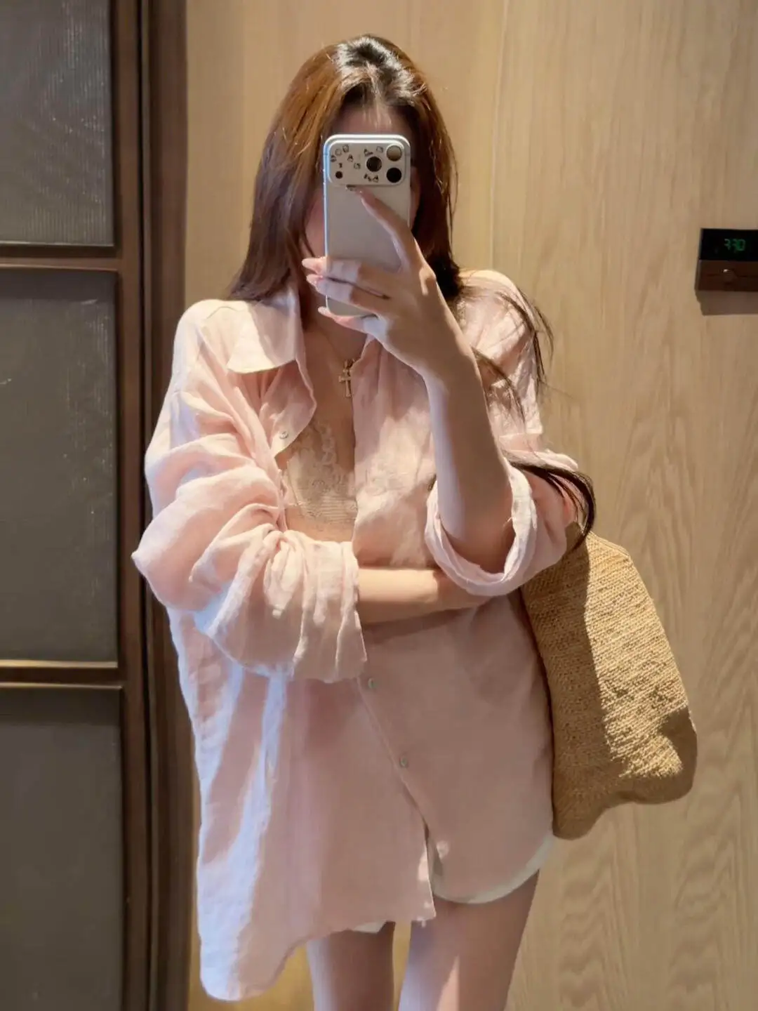 

Pink Long Sleeve Neck Shirt Women Summer Lazy Style Loose Slimming Sun Protection Cardigan Top Breathable Comfortable Ko...
