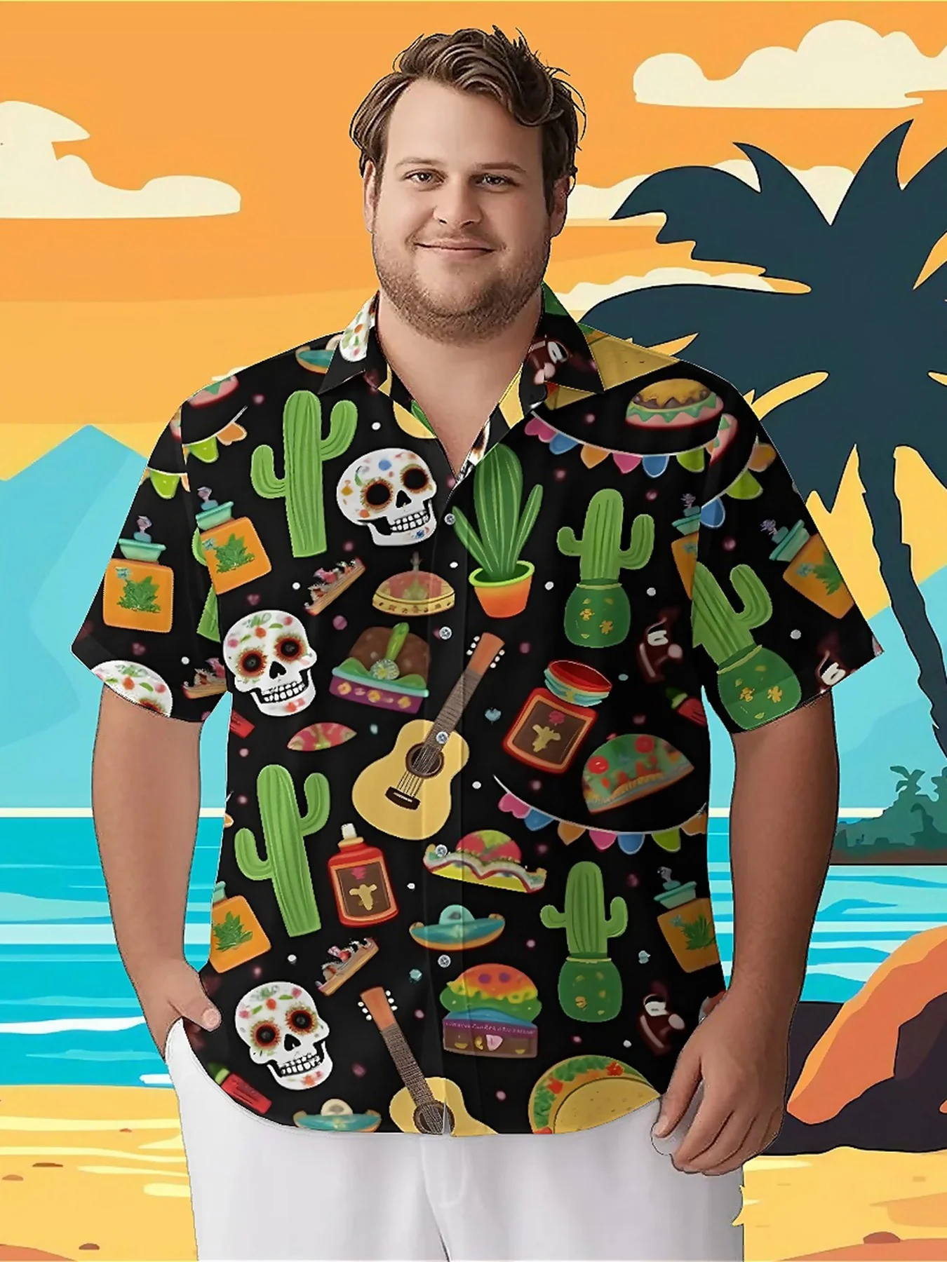 

Men's Plus Size Hawaiian Shirts Skull and Cactus pattern, Summer Casual Tops, Suitable for Outdoor and Party, Streetwear