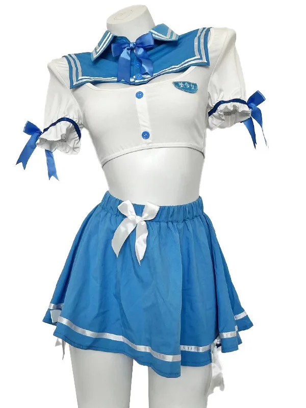 الحب النقي مدرسة زهرة الحلو الخصر سبليت JK موحدة مثير الرغبة النقية نمط الكلية قطعتين تنورة مجموعة الأزرق الحلو المرأة M7UH