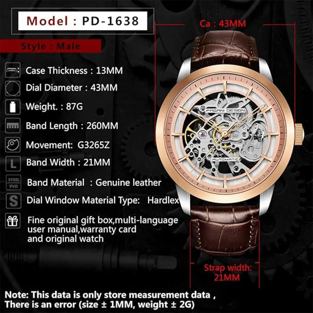 ساعة PAGANI DESIGN Hollow للرجال من الفولاذ المقاوم للصدأ مقاومة للماء 43 ملم ساعة يد أوتوماتيكية من أفضل العلامات التجارية ساعة ميكانيكية للرجال ساعات هدايا