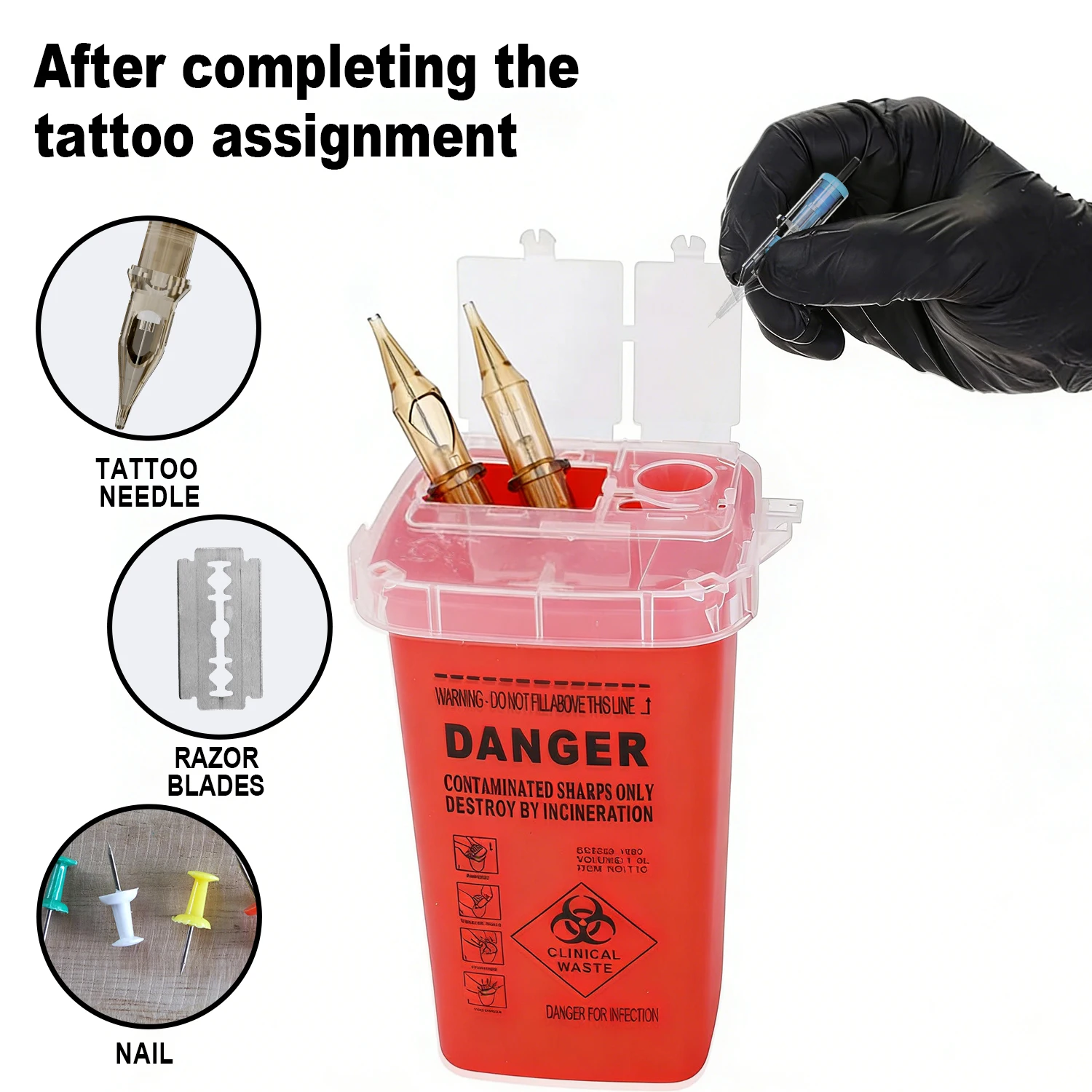 

Контейнер для острых предметов для тату-салонов (1 шт.) с 5 парами нитриловых перчаток размера L, коробка для утилизации игл, контейнер для биоопасных отходов, аксессуары для тату.