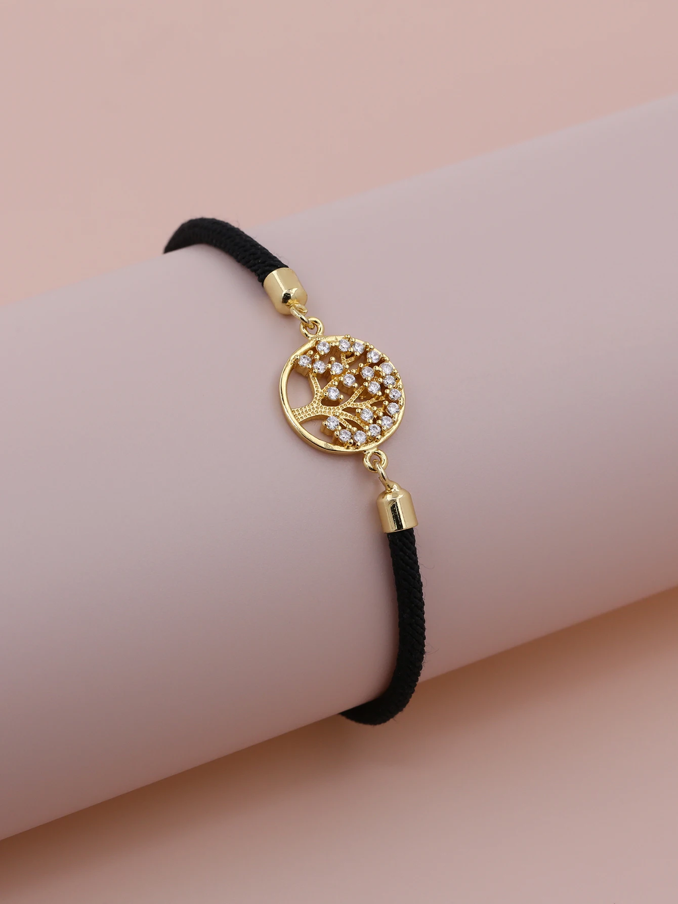 Pink Black Red Bracelet Sweet Cute White Zircon Plated Gold Copper Round Life Tree Adjustable Push Pull Bracelet Jewelry