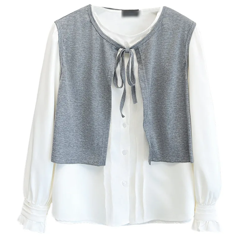 

Plus Size Women's Sets Autumn Style Fashion Fold Long Sleeved O-Neck Shirt And lace-up Knitted Vest Two Pieces 2529