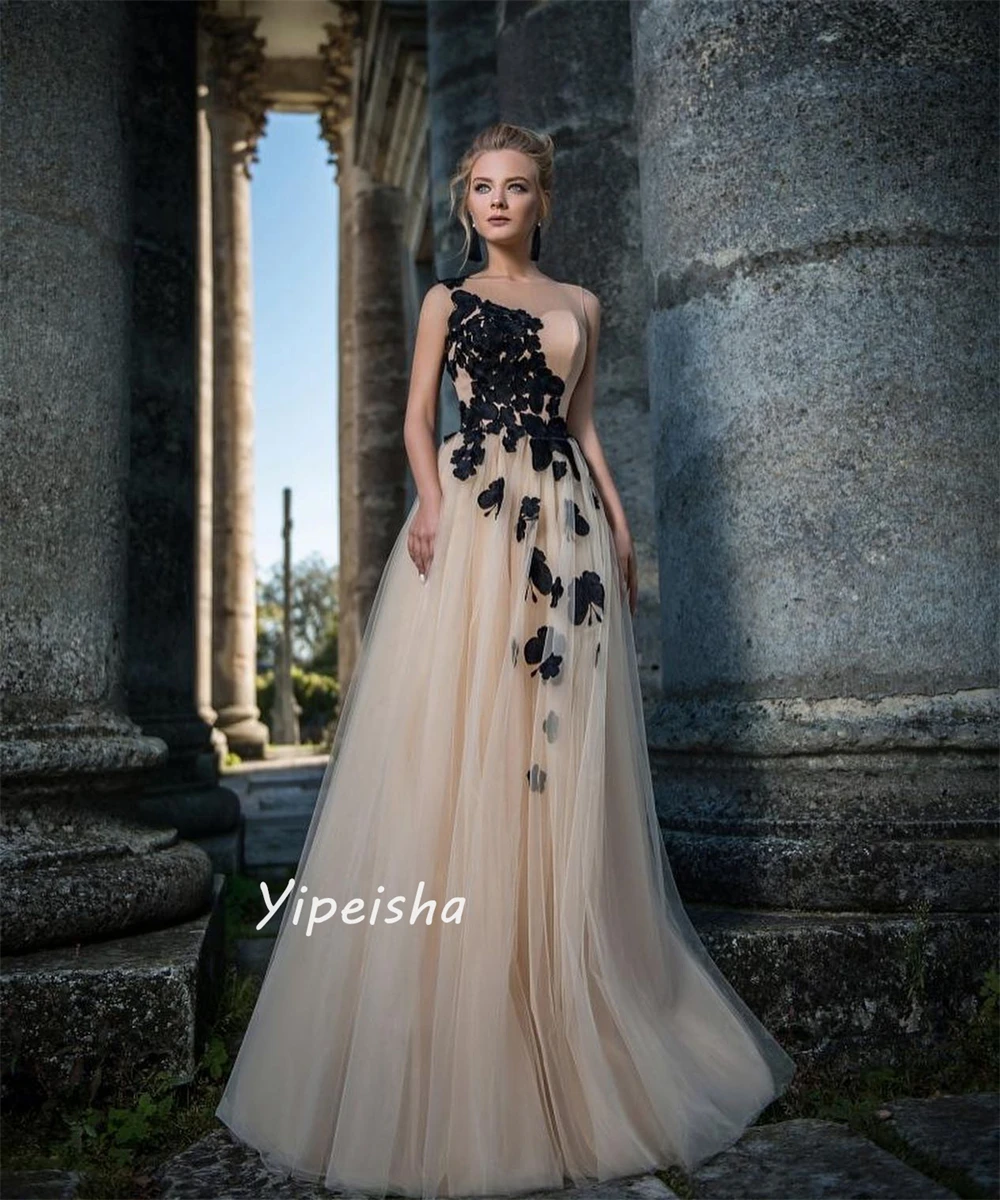 Jiayigong  Prom Exquisite Classic Formal Evening O-Neck  Gown Appliques Draped Floor-Length Tulle Dresses