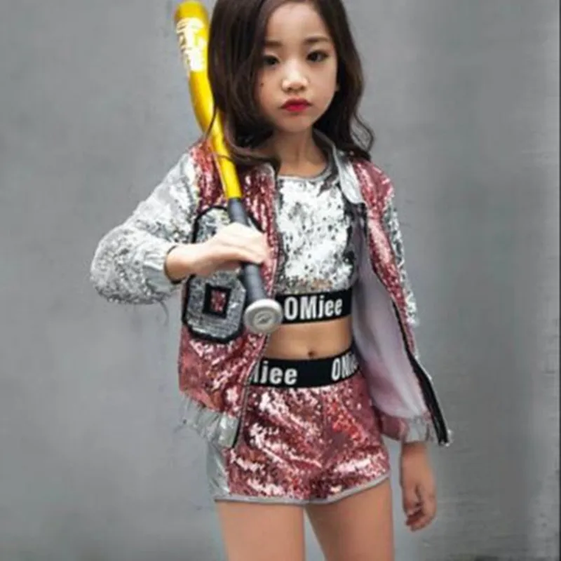 Children Girl hip Hop Jazz Costume Modern Ballroom Dance Wear Clothing Kids Sequined Sports Clothes For Girls 6 8 12 Years Old