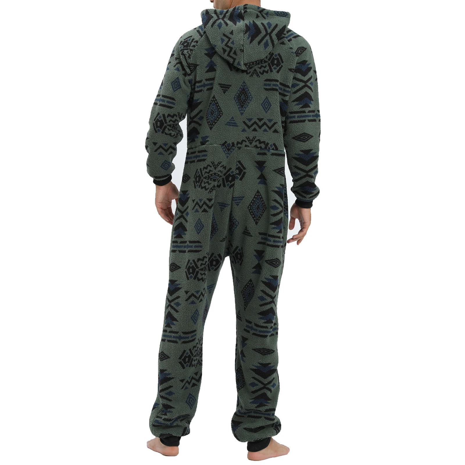 Men Fleece Pajama Long Sleeve Hooded Zip-up Warm Sleepwear Loungewear with Pockets Autumn Winter Underwear