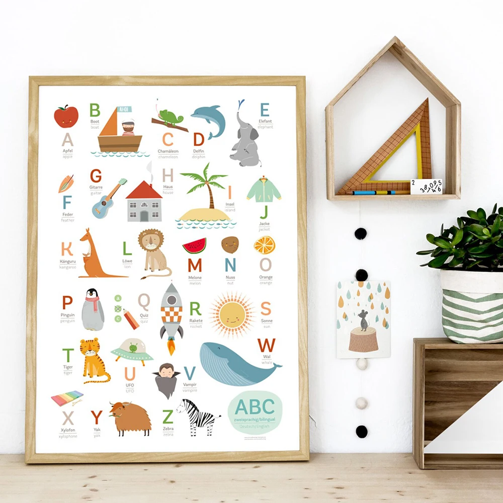 

ABC Poster German English Poster and Print Kids Animal Learning Education Pictures Decoration Wall Art Canvas Painting Nursery