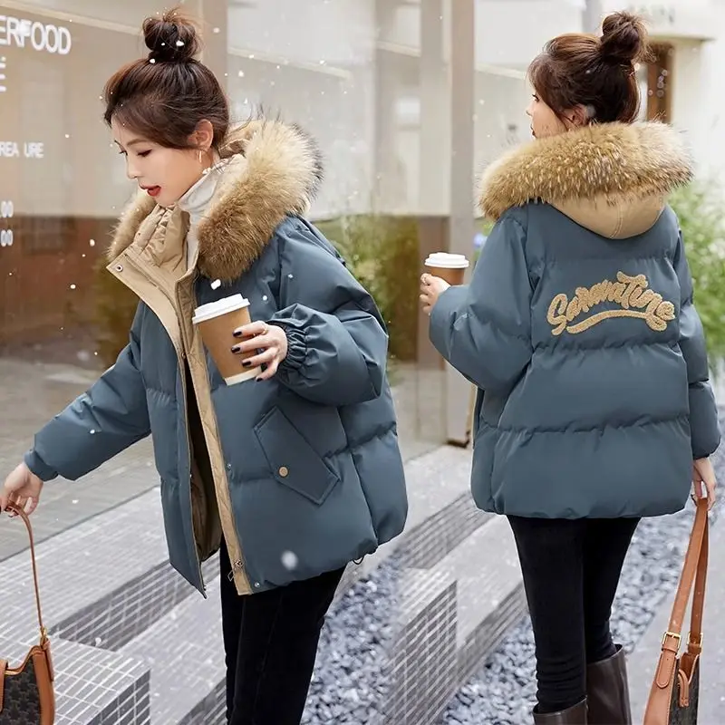 New Korean Fashion Fur Collar Winter Women White Jacket Ladies Vintage Short Warm Puffer Coat Female Parka Outerwear