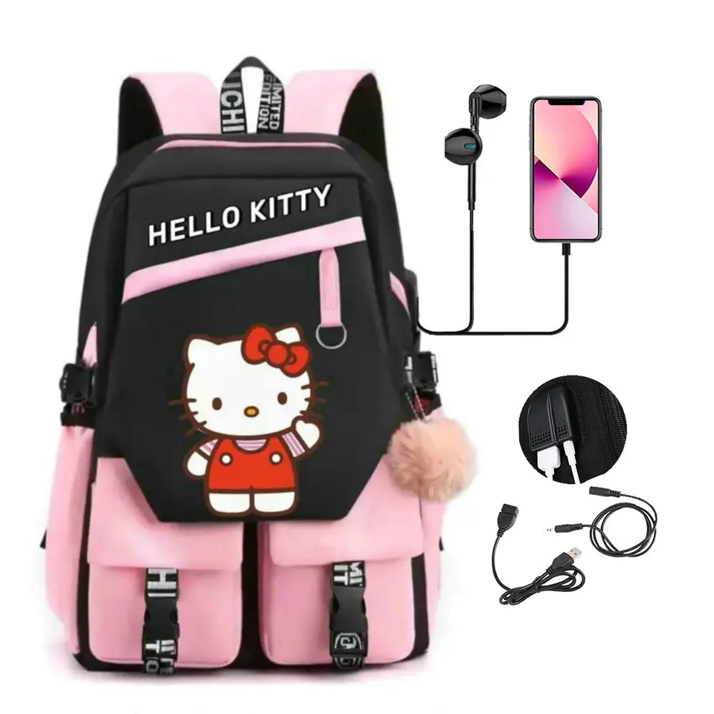 Hello Kitty Cosplay Backpack USB Charge Laptop Big School Bags Rucksack Women Men Backbag Travel Daypacks Male Leisure Bags