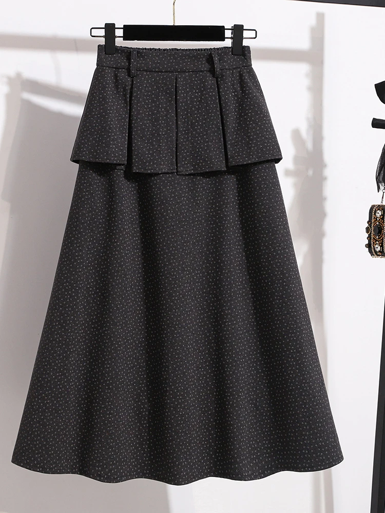 Fashionable Woolen Midi Skirt High Waist A-Line Shape Slimming Hip Covering Autumn Winter plus Size Elastic Waist Skirt