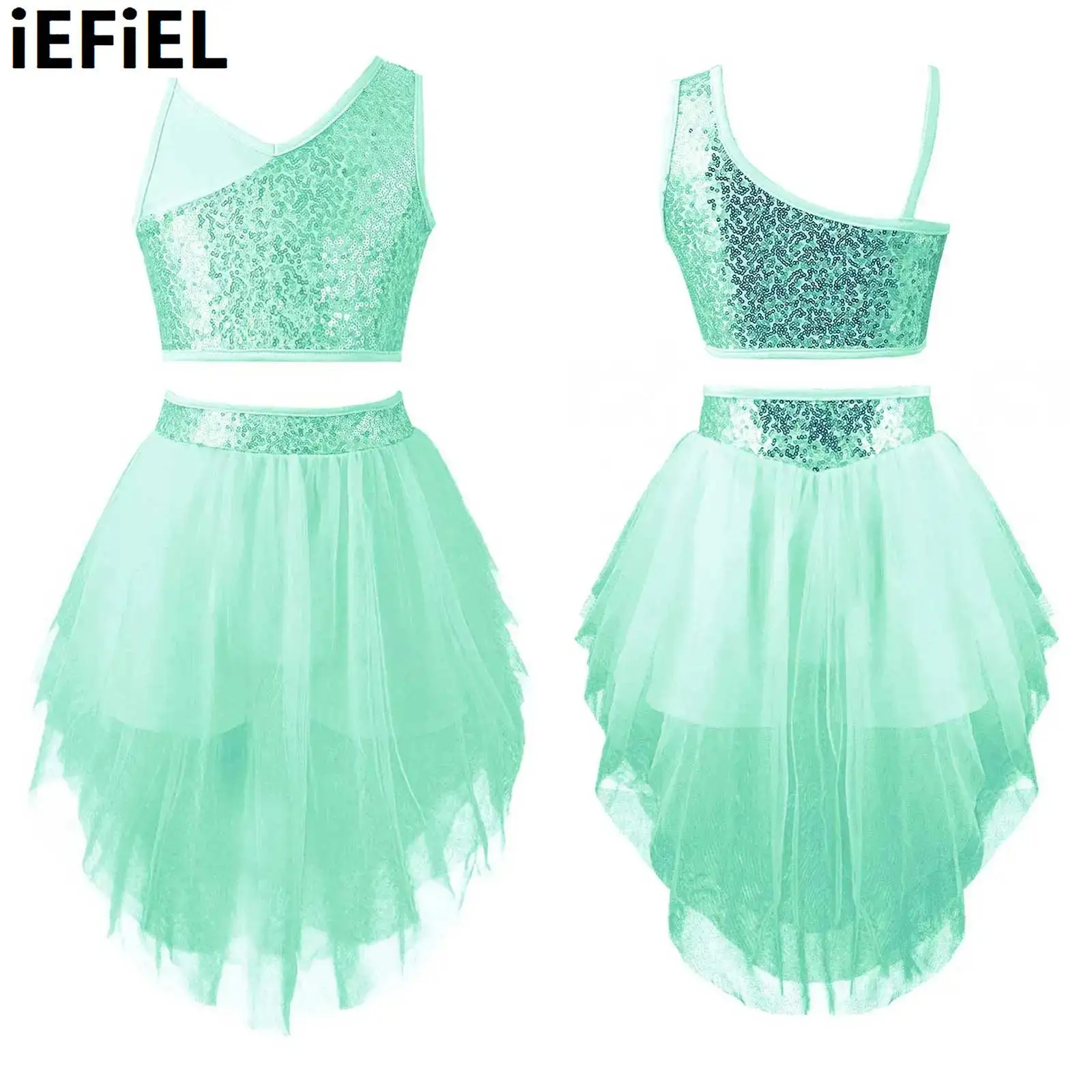 

Kids Girls Stylish Sequins Dance Set Sleeveless Wide Shoulder Straps V Neckline Sequins Crop Top with Elastic Waistband Skirt