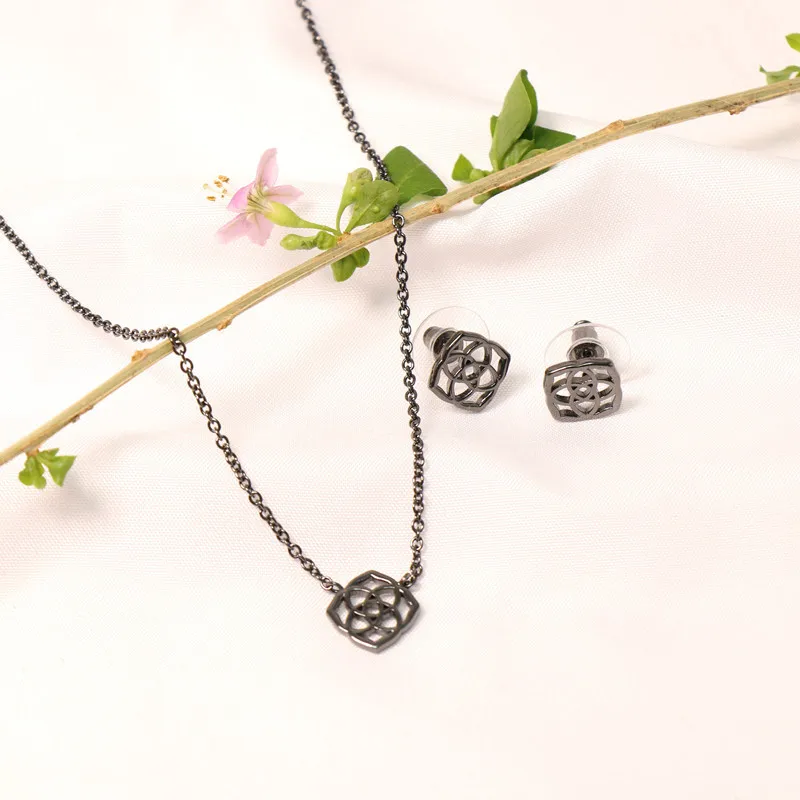 Dira simple temperament rose flowers gunmetal collarbone chain jewelry female gun black necklace earrings