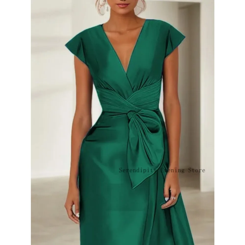 Customized Green Satin Mother of Birde Dresses 2026 for Women Wedding Cap Sleeve Evening Dress Bow V Neck Prom Party Gowns Midi
