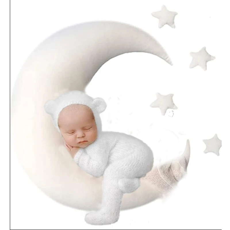 

Newborn Photography Bear Costume - 2pc Mohair Romper & Crochet Hat Set - Studio Photo Prop Outfit for Infants (Neutral Colors)