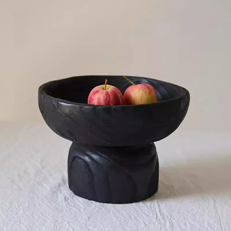 Wabi-sabi Black Wood Fruit Bowl for Kitchen Tabletop Key Plate Japanese Vintage Trinket Tray Hospitality Handcrafted Round Bowl