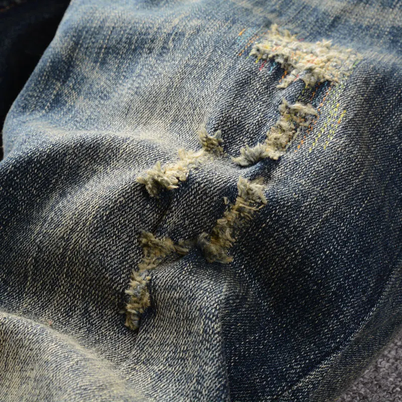Fashion Designer Men Jeans Retro Blue Elastic Slim Fit Hole Ripped Jeans Men Embroidery Patch Vintage Casual Denim Pants Hombre