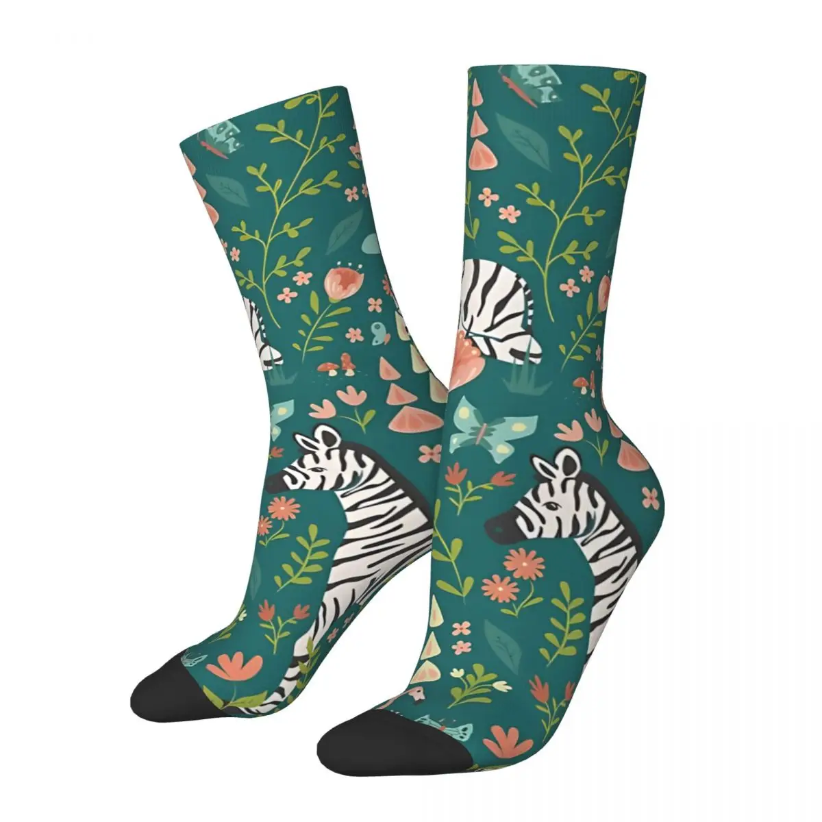 Zebras In Wild Garden In Green Men's Socks Retro Harajuku Street Style Novelty Seamless Crew Sock