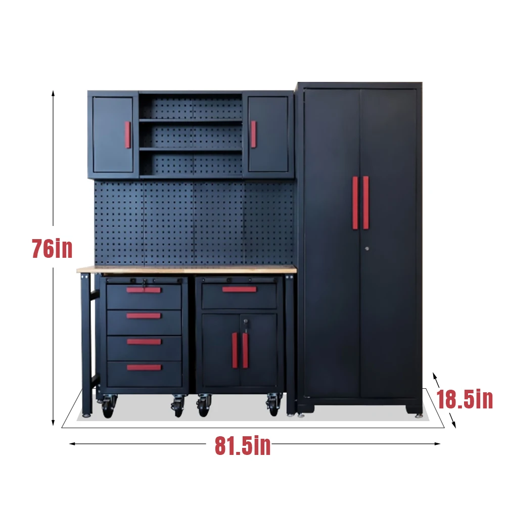 6-Pcs Workshop Storage Cabinet Set in Black with Workbench - for Organizing Garage and Tools - Included Steel Cabinets Drawers