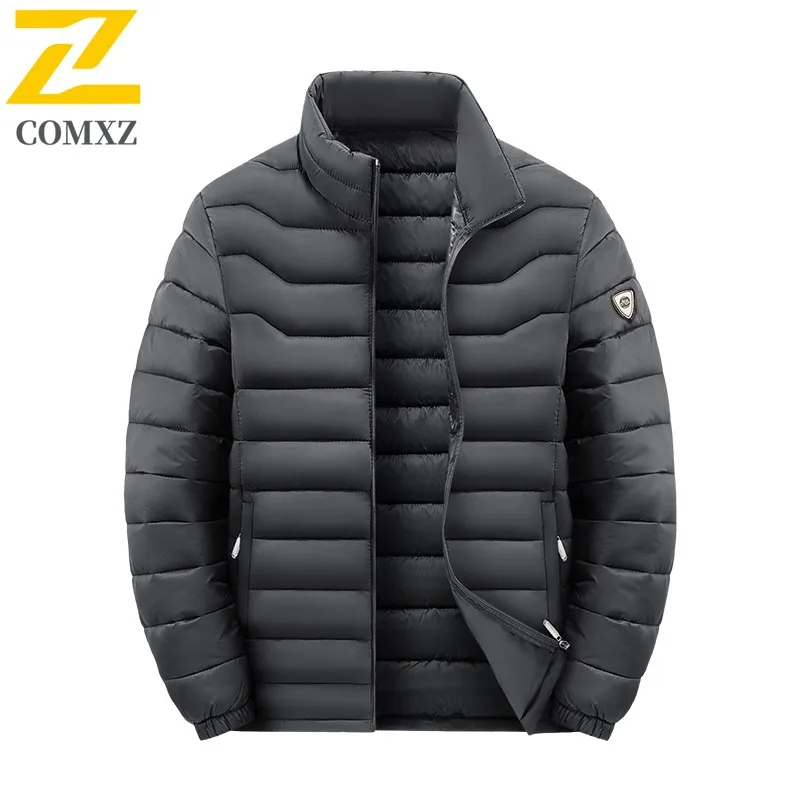 COMXZ 2025 Mens Stand Collar Puffer Jacket Winter Korean style waterproof windproof Slim Fit Ribbed Quilted Outdoor Sports Coat