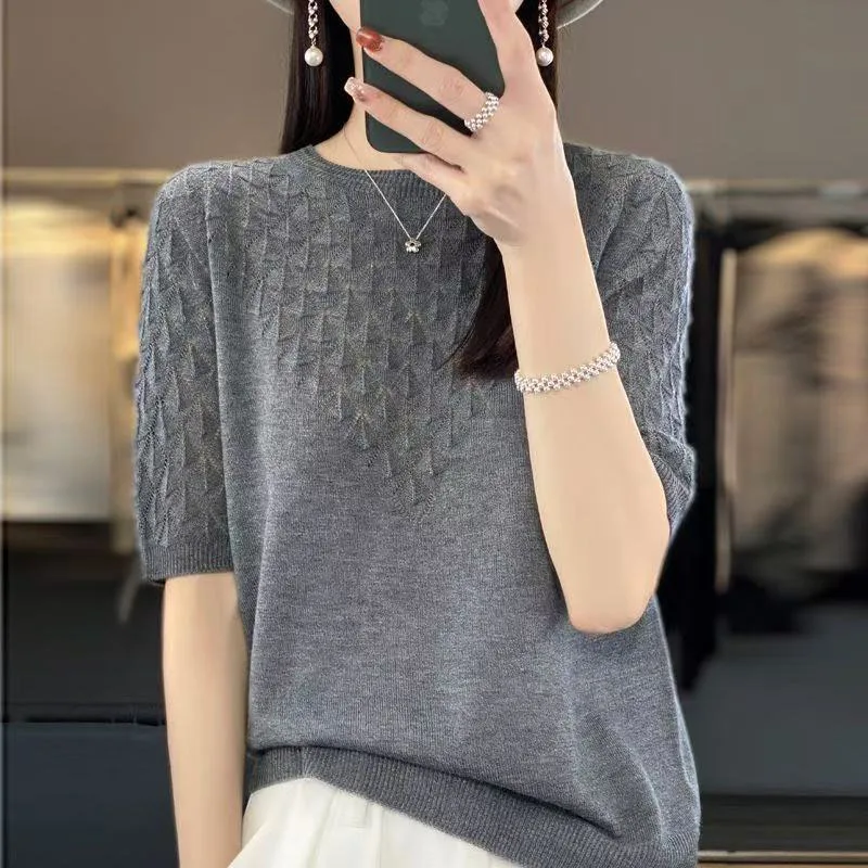 Primavera y novedad de verano, camiseta de media manga tejida de Color sólido con huecos de diamante de manga corta de estambre con cuello redondo para mujer