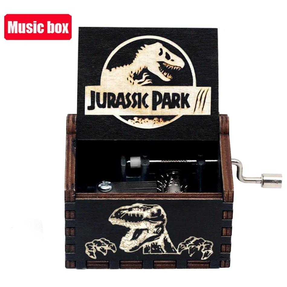 2025 HotHot sale  Antique carved Wooden Hand Crank Music Box Jurassic Park Music Box Action Toy Figure Anime Model Birthday Gift