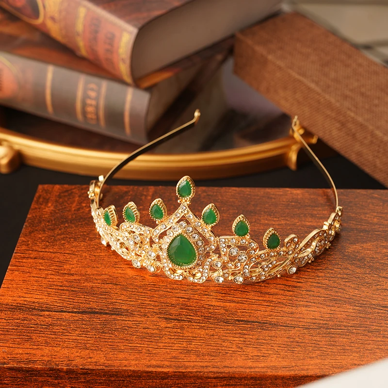 Arabische Vrouwen Huwelijksgeschenken Water Druppels Green Red Crystal Haar Sieraden Bridal Crown Marokko Mode Goud Kleur Bridal Tiara